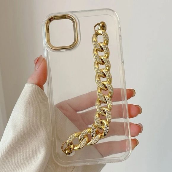 NWT IPhone 13 and IPhone 13 Pro Max Clear Case with Gold Bling Chain Hand Strap - Picture 2 of 3